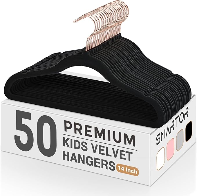 Kids Velvet Hangers 50 Pack, 14 Inch Premium Non Slip Kids Felt Hangers for Closet, Space Saving Toddler Clothes Hanger for Youth's Childrens' Clothes (Rose Gold Hook)- Black | Premium Kids Hangers for Closet Storage, Space Saving Toddler Clothes Hange... by Smartor