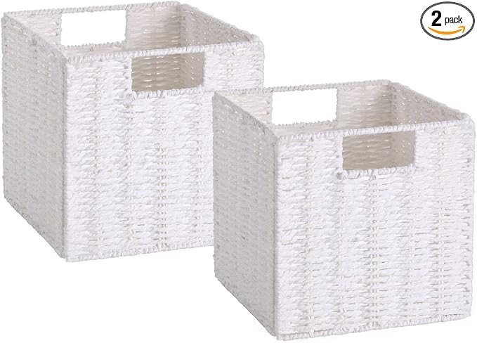 Wicker Storage Basket, Set of 2 Hand-Woven Storage Baskets for Organizing, Foldable Cube Storage Bins, 11 Inch Wicker Storage Baskets for Shelves and Decor, Square Closet Organizer, White by Vagusicc