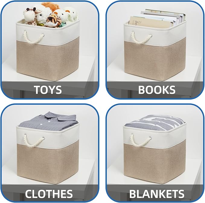 Temary 4 Pack Cube Storage Bins Cloth Baskets for Shelf, Fabric Storage Cubes 12 x 12 Baskets Gift Empty Basket with Handles, Basket for Storage (White&Khaki) - Image 4