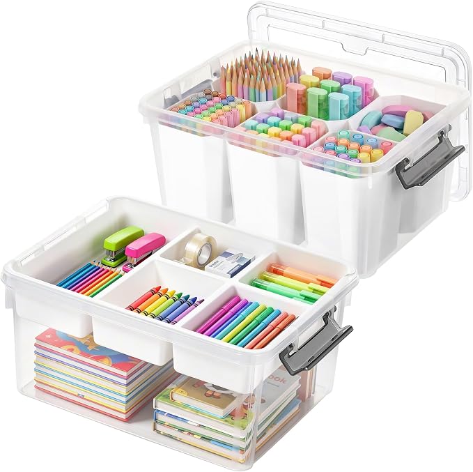Citylife 17QT 2Packs Clear Craft Organizers and Storage Bins with Lids | Stackable Art Supply Organizer with Tray and 6 Inserts for Markers, Crayons, Pencils, Tools, Playdoh, Coloring Books by CITYLIFEHomeOrganization