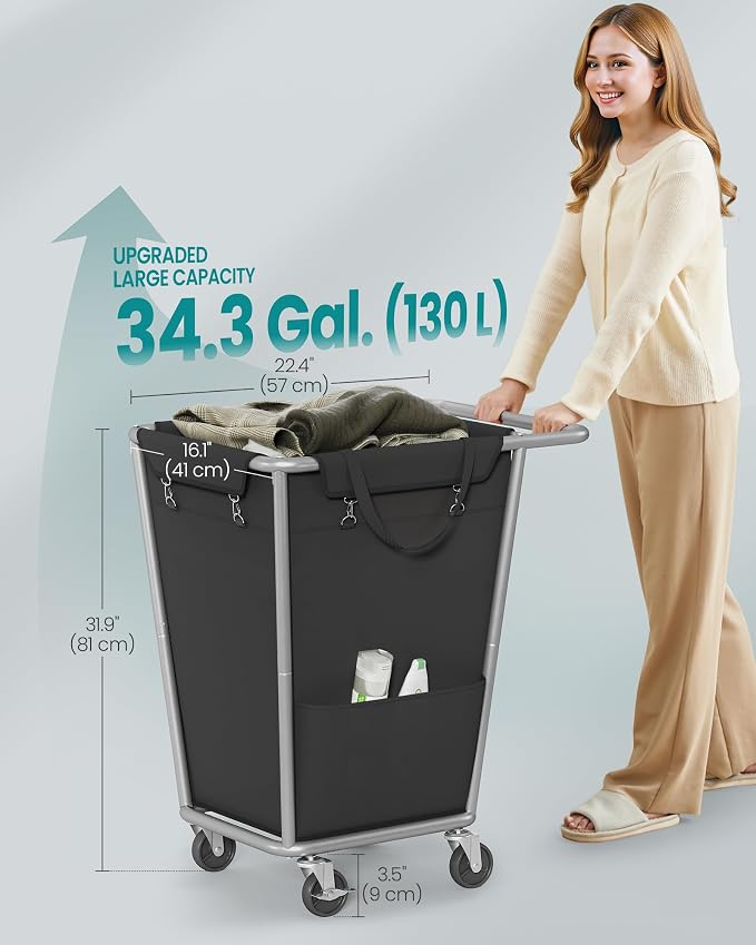 SONGMICS Laundry Basket with Wheels, 34.3 Gallons (130 L) Rolling Laundry Hamper with Removable Bag, Heavy-Duty Steel Frame, Ink Black URLS008B01 - Image 6