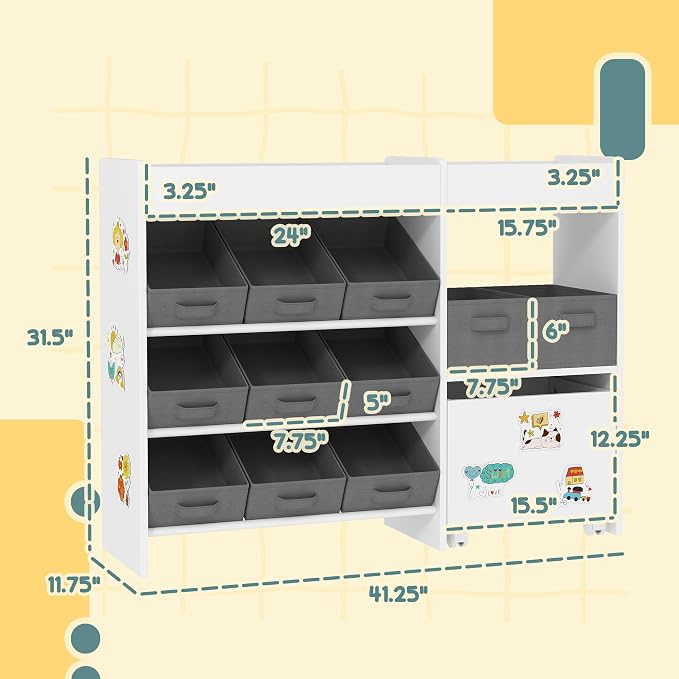 Qaba Toy Storage Organizer with 6 Shelves and 11 Fabric Bins, White | Moveable Toy Storage Cabinet, 3 Stickers, Kids Bookcase, Nursery, Playroom, Bedroom - Image 7