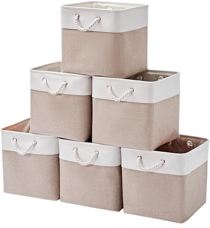 13 Inch 6 Pack Foldable Fabric Storage Cubes with Handles | Home Cube Storage Basket,Large Cube Storage Bins,Closet Storage, Home Organizer(White&Beige) by ISEMINGLA