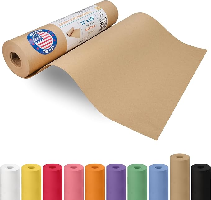Brown Paper Roll 12" x 2160" (180 feet) - USA-Made Kraft Paper 30lb Thickness - Ideal for Wrapping, Packing, Moving, Shipping, and Arts & Crafts - 100% Recycled Natural Material by IDL Packaging by IDLPackaging
