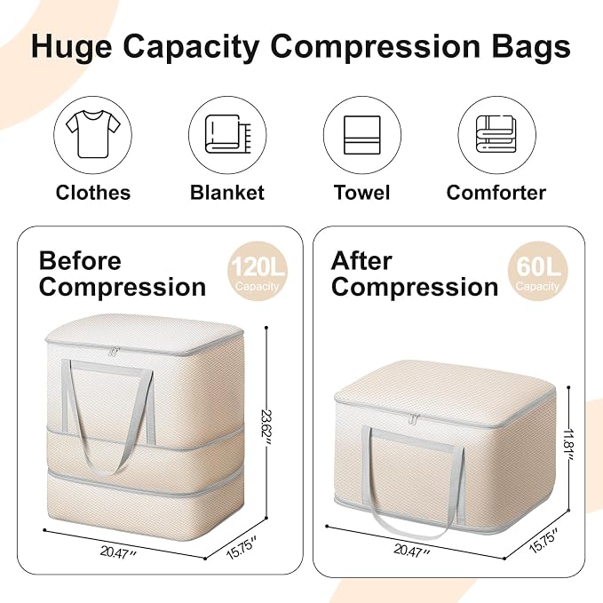 Comforter Storage Bag - 120L Bedding Storage Bags for Closet and Moving, Washable Blanket Storage Bag, Ultra Space Saving Self Compression Organizer, 2-Pack, Beige - Image 2