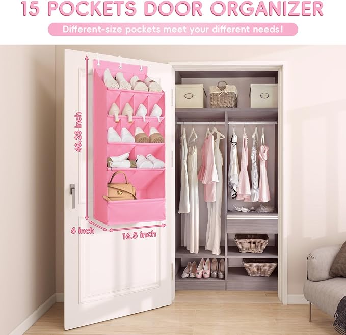 1 Pack Over-the-Door-Shoe-Organizers, Hanging Shoe Organizer Large Pocket | Shoe Holder Hanging Shoe Rack for Closet Shoe Organizer for Wall, Over Door Organizer with 15 Pockets for Boot, Sneaker, Pink - Image 4