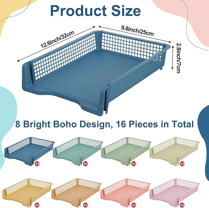 16 Pack Boho Plastic Turn in Paper Trays for Classroom Storage Bin Basket Organizers for School Teacher Supplies Classroom Office Home Organization Storage Tray Holds 4A Paper File Document - Image 2