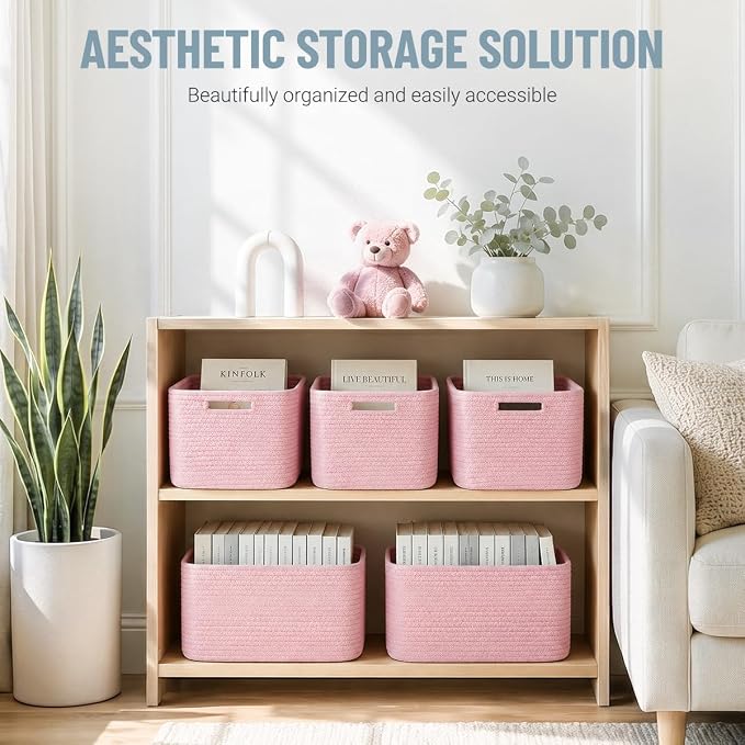 5 Pack Woven Storage Baskets, Decorative Storage Bins for Organizing | 13.8'' × 9.8'' × 7.9'', Cute Cotton Rope Basket Organizer for Closet, Shelves, bathroom, Nursery, Toys, Books, Pantry, Pink - Image 2