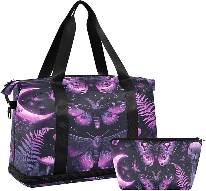 Travel Duffel Tote Bag Gothic Skull Butterfly Sports Duffel Bag with Wet Pocket Weekender Overnight Bag for Women Men Gym Bag, Carry On Bag Hospital Bag for Labor and Delivery - Image 7
