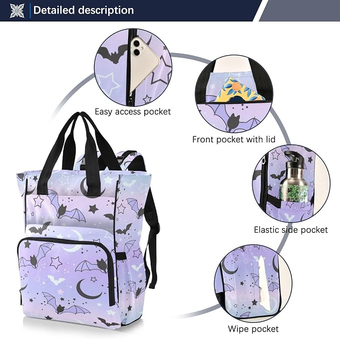 Halloween Diaper Bag Backpack Cute Bats Starry Sky Travel Diaper Bags for Women, 10L Functional Baby Changing Bag with Insulted Pockets, Stroller Straps - Image 2