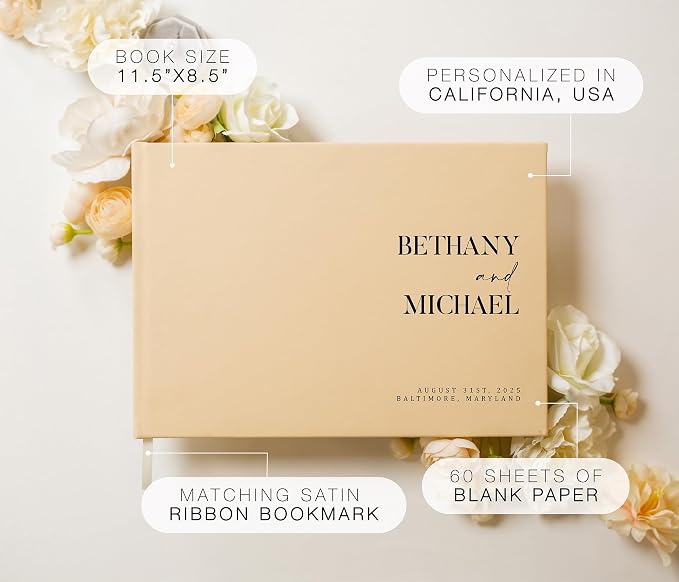 Personalized Guest Book - 11.5" x 8.5" Premium Custom Guest Signing Book with Bookmark and Blank Pages for Wedding Reception Table Decoration Engagement Birthday Party Event, Butter - Image 2