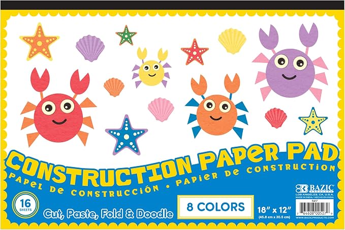 BAZIC Products Color Construction Paper Pad, 18 x 12 in, 16 Sheets, 48-Case | 16-sheet pad of assorted-color construction paper, Cutting, Folding, Crafts, Bulk pack, For school and craft projects by BAZICProducts