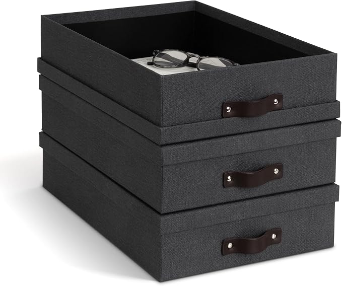 Bigso Oskar Canvas Fiberboard Document Letter Box for Important Paperwork A4 or Letter Size - Durable Keepsake Box with Lid and Leather Handle - 3.3in x 10.2in x 13.8in - Black - 3 Pack - Image 4