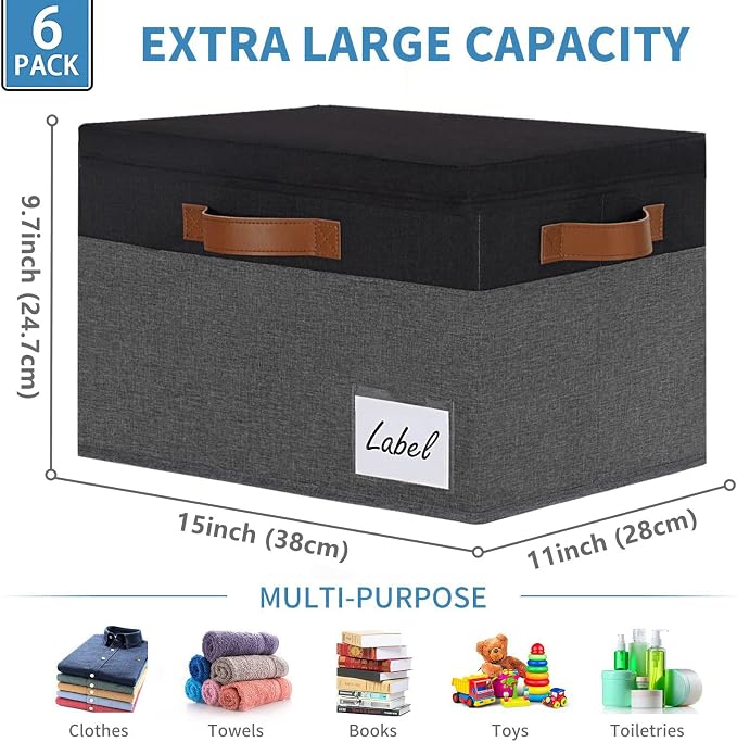 GhvyenntteS Storage Bins with Lids 6 Pack, Large Storage Baskets with Lid and 3 Handles, Foldable Fabric Storage Boxes with Lid and Label for Home Office (Grey&Black, 15" x 11" x 9.7") - Image 3