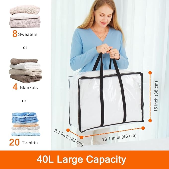 7 Pack Clear Clothes Storage Bags with Zipper 40L | Plastic Storage Bag, Foldable Closet Organizer, For Comforter Blanket Bedding Duvet Toys, Moving Bags - Image 2