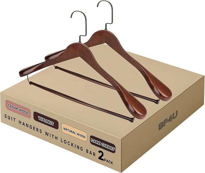 Wide Shoulder Wooden Hangers with Locking Bar, Walnut, 2-Pack | Non-Slip Suit Hangers with Flat-Head Hook for Suits, Jackets, Coats, Shirts, Outerwear and Heavy Clothes by BP4U%E2%84%A2