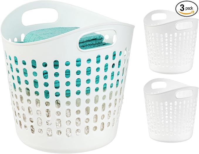 IRIS USA Plastic Laundry Hamper, 40L- 3 PK, Flexible, Ventilation, White | Laundry Baskets for Bedroom Bathroom Apartment Dorm, Blankets Pillows Trinkets Storage by IRISUSA