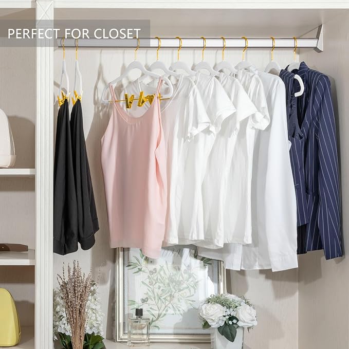 MIZGI Premium Velvet Pants Hangers with Adjustable Clips (Pack of 30) Slim Skirt Hangers- Non Slip Felt Outfit Dress Hangers White - Gold Hooks,Space Saving Shirt Clothes Hangers - Image 5