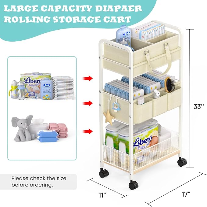 2In1 Baby Diaper Caddy & 3-Tier Rolling Cart, Diaper Caddy Organizer Carts with Dividers, Mobile Metal Utility Cart for Nursery Essentials, Detachable Bedside Cart, Large Capacity, White - Image 2