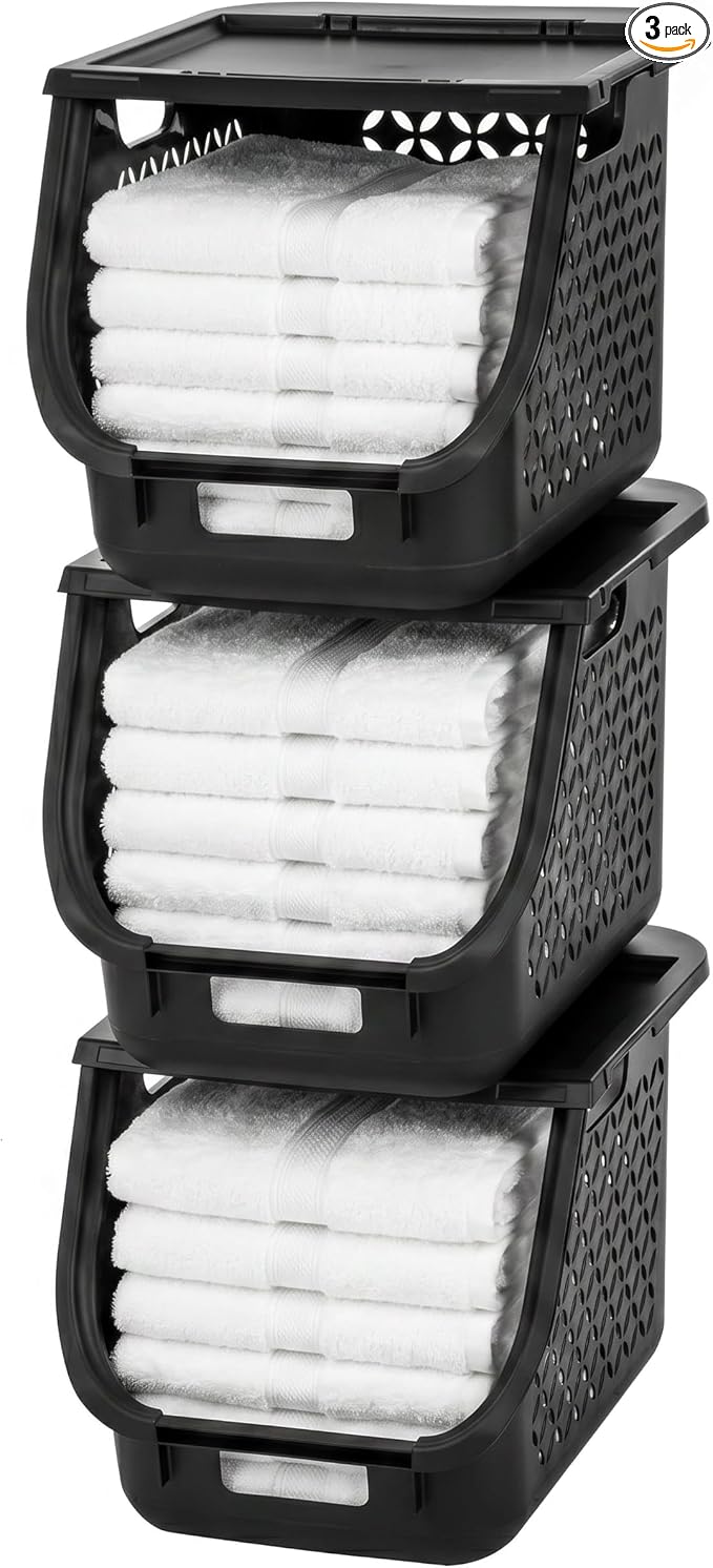 IRIS USA Laundry Basket Hamper, 40L - 3 Pack, Sorter Bin with Lids, Black | Stackable, Open Front, Built-In Handles, Ventilation, by IRISUSA