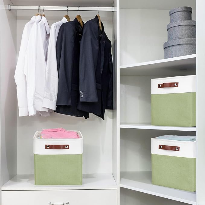 Collapsible Fabric Storage Cubes 11x11 Cube Storage Bins, 4 Pack Closet Baskets Box with Handles for Organizing, Shelf, Toys, Clothes, Home, Office, Nursery (Green&White) - Image 3