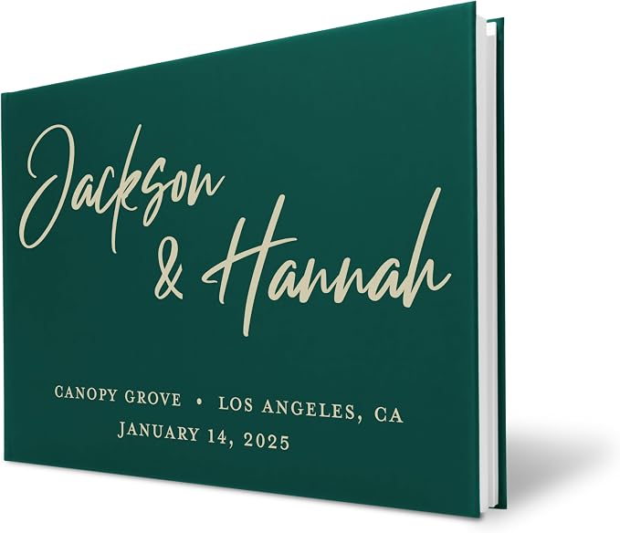 Personalized Wedding Guest Book w/Names, Date, and Address, Custom Hardcover Guest Book for Wedding Reception, Blank Pages for Signing - Emerald Green by Follow