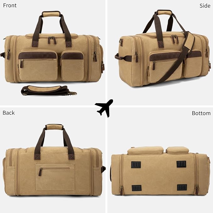 Mens Duffle Bag for Travel, 60L Canvas Expandable Overnight Weekender Bag | Shoe Compartment, Carry-On Size, Multiple Pockets, Detachable Strap, Toiletry Bag & Packing Cube Include, Khaki - Image 7
