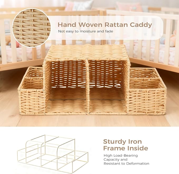 Diaper Caddy Organizer for Changing Table | Rattan Nursery Storage Basket for Baby Essentials, Baby Changing Table Organizer Perfect Nursery Assistant - Image 4