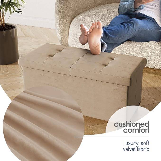 Storage Ottoman Bench with Bins, 30-in Storage Bench for Bedroom End of Bed, Folding Foot Rest Ottoman for Living Room Max 660lbs, Velvet Ottomans, Taupe - Image 7