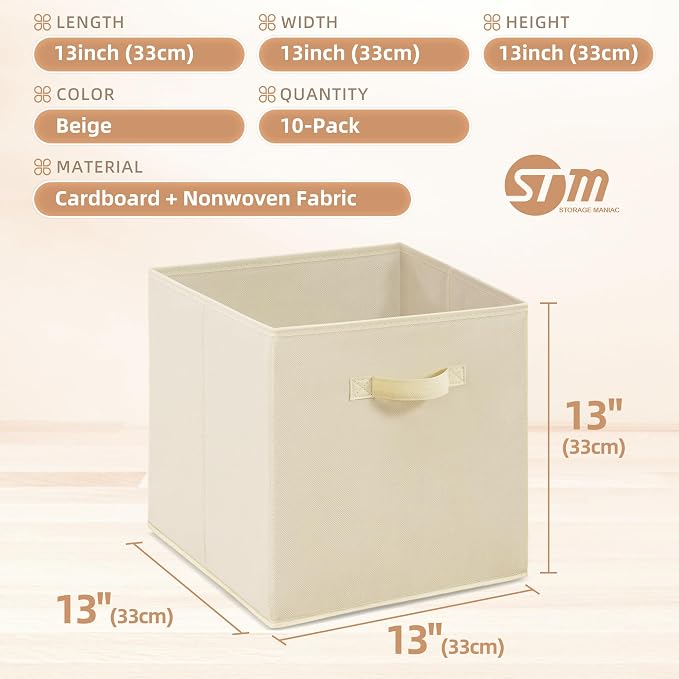 STORAGE MANIAC Storage Cubes, 13 Inch Collapsible Storage Bins with Handles, 10 Pack Fabric Foldable Bins for Organization, Durable Storage Bins for Closet, Shelves, Offices, 10-Pack Beige - Image 4