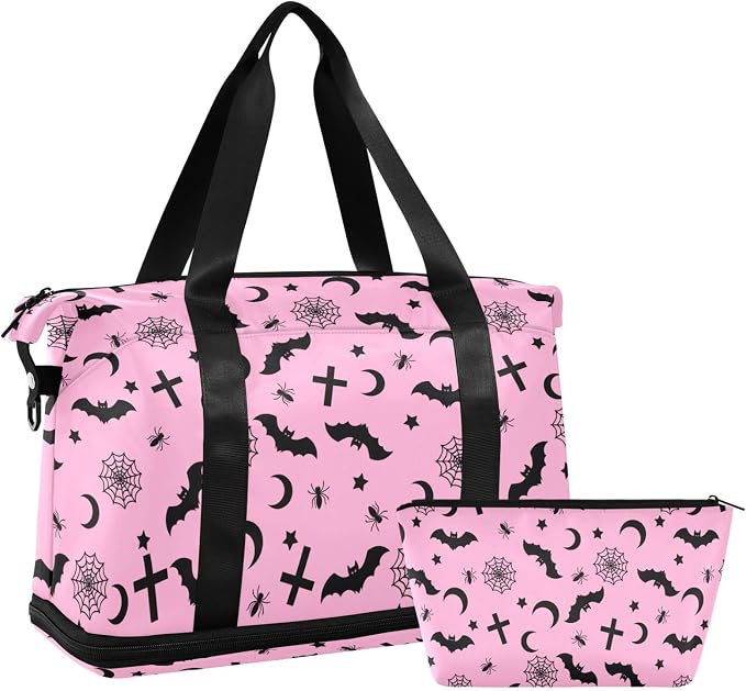 Gothic Pink Travel Duffel Tote with Bats - Sports Weekender Overnight Gym Carry On Hospital Bag for Women & Men - Image 7
