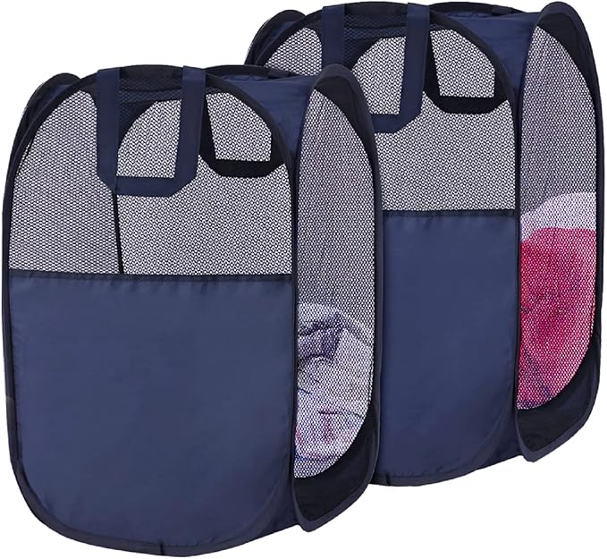 SUPNFOX 2Pack Mesh Collapsible Laundry Baskets, Pop up Laundry Hamper Bins,Folding Washing Basket with Handles for Clothes Tidy Storage-Navy by Unknown