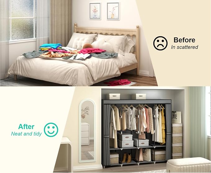 67" Portable Wardrobe Closet for Hanging Clothes, 8 Shelves 4 Rods & Cover | Non-woven Fabric Cover, 4 Clothes Hanging Rods, 8 Storage Shelves, Grey - Image 8