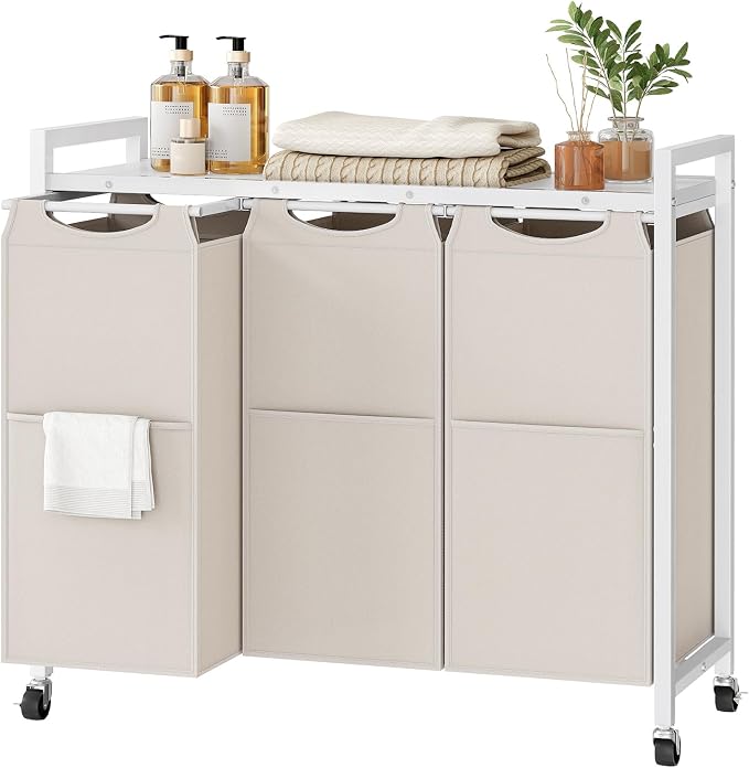 HOOBRO Laundry Sorter 3 Section, Laundry Hamper with Wheels, 3 × 11.5 Gal (43.4L), Rolling Laundry Basket, Pull-Out and Removable Oxford Fabric Bags, White WG76XY01 - Image 9