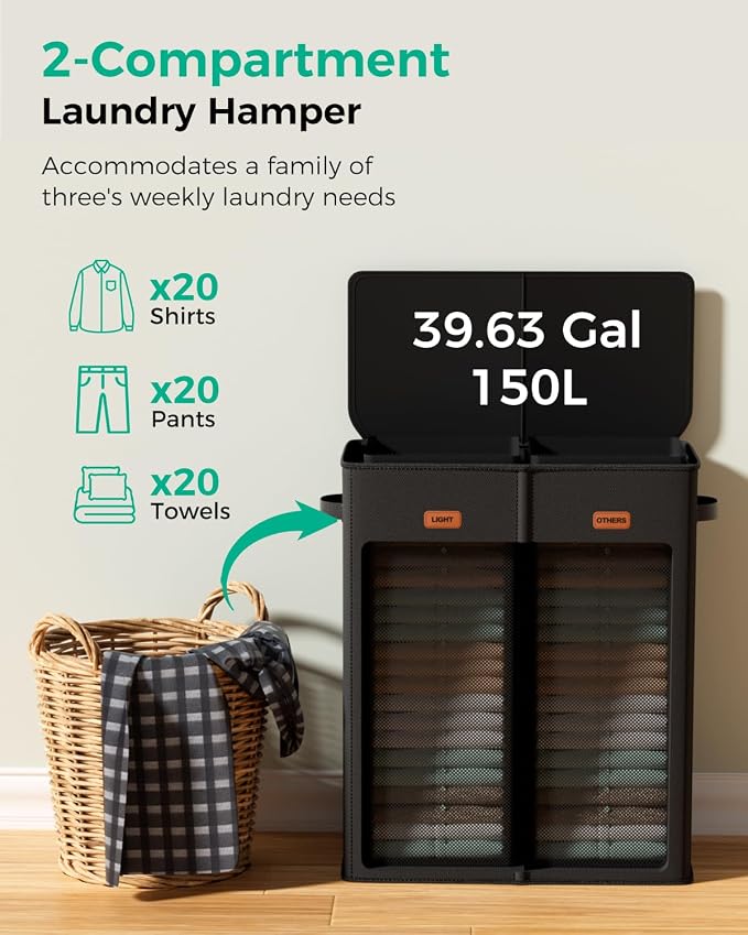150L Double Laundry Hamper with Lid – 2-Section Clothes Hamper with Removable Bag for Bathroom, Bedroom, Laundry Room & Dorm - Image 5