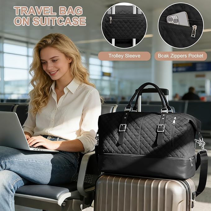 Travel Duffel Weekender Bag Women Tote Carry On Bags With Shoe Compartment | Travel Overnight Bags with Trolley Sleeve for Airplanes Sport Tote Gym for Men Waterproof Lightweight Daypack Black - Image 3