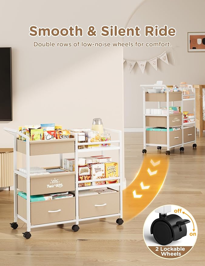 Twinkoo Baby Diaper Caddy Organizer, 3 Tier Rolling Cart | Tiered Modular Configuration, 66 lbs Capacity, Rolling Wheels, Dipaer Bag, Nursery Newborn Essentials, Easy To Assemble - Image 5