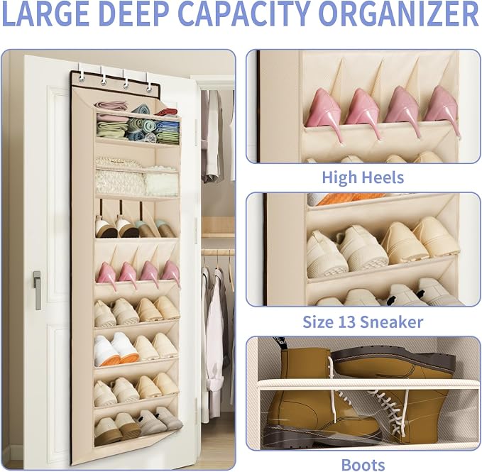 1 Pack Over The Door Shoe Organizer, 8 Shelves Hanging Shoe Organizers, | 68" Exlarge Deep Pockets Shoe Rack for Closet, Shoe Holder for Boots, Sneakers, Heels, Over Door Organizer in Home, RV, Beige - Image 2