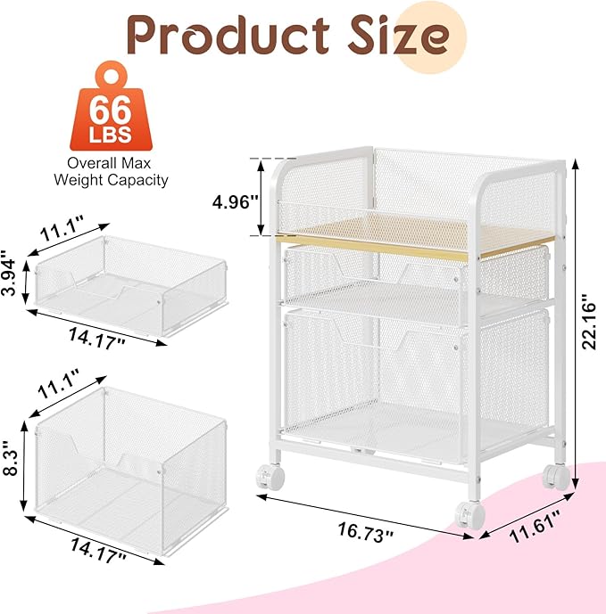 Yociyoga 3 Tier Rolling Cart with Drawers,Pantry Storage Cart with Wheels,Under Desk Storage Cart for Small Space,Pantry Floor Organizers and Storage,Metal Load-Bearing Utility Craft Cart,White - Image 6