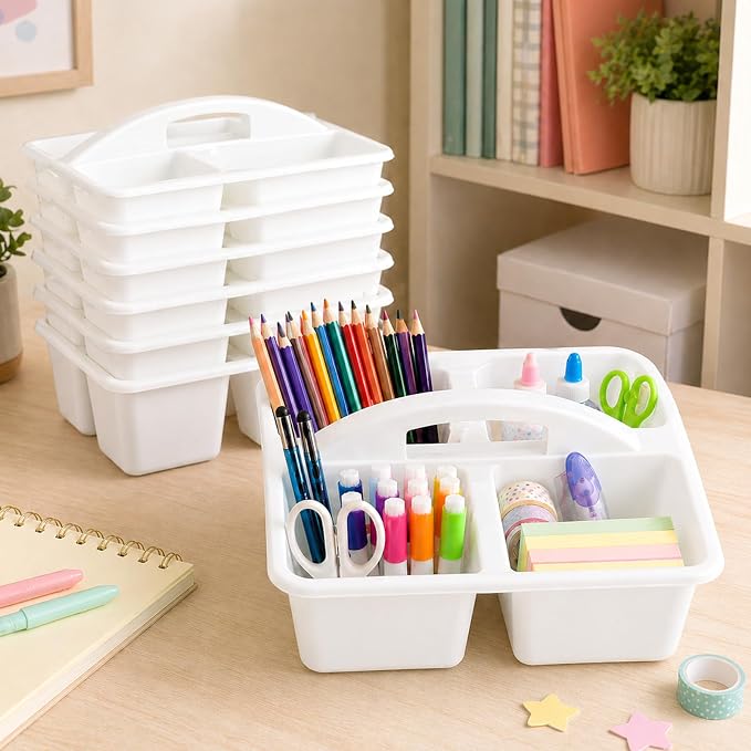 gisgfim 6 Pack Plastic Classroom Caddy with 4-Compartments Plastic Storage Caddies with Handle 4 Compartments Table Caddy Organizer Versatile Table Caddies for Classroom Office, White - Image 4
