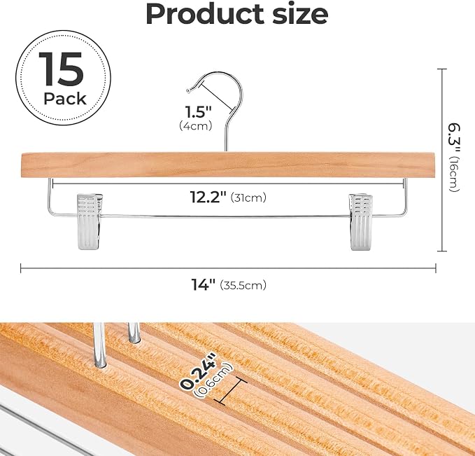 HOUSE DAY Wooden Pants Hangers with Clips, 15 Pack Skirt Hangers, Natural | 14-Inch Wood Hangers with Adjustable Non-Slip Metal Clips & 360° Swivel Hooks, Heavy Duty for Jeans, Slacks, Trousers, Shorts - Image 7