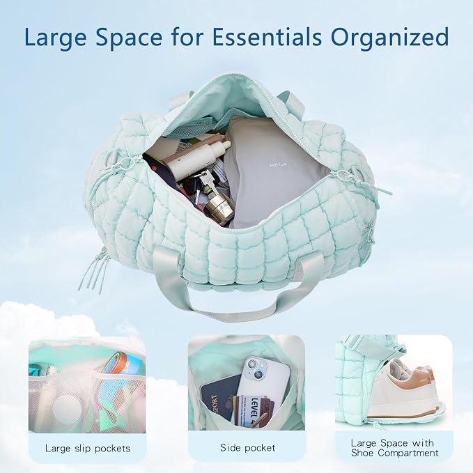 Quilted Gym Bag for Women,Duffle Bag for Travel with Wet Pocket,Carry on Weekender Bags for Women,Travel Bag with Shoe Compartment (Ice blue) - Image 2