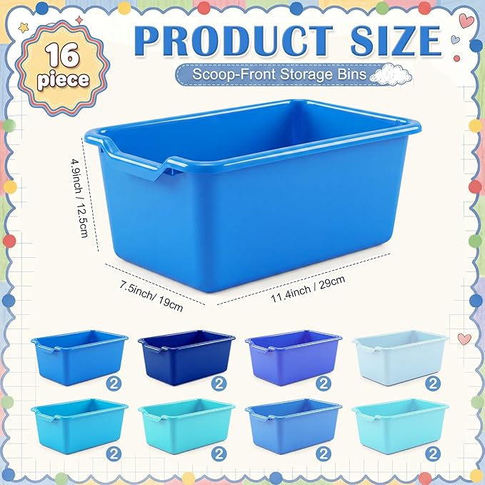 16 Pcs Cubby Bins for Classroom Plastic Book Bins,Blue Series | Storage Bins for Classroom Library, Plastic Stackable Toy Tubs Containers for School Office Home Nursery Playroom - Image 2