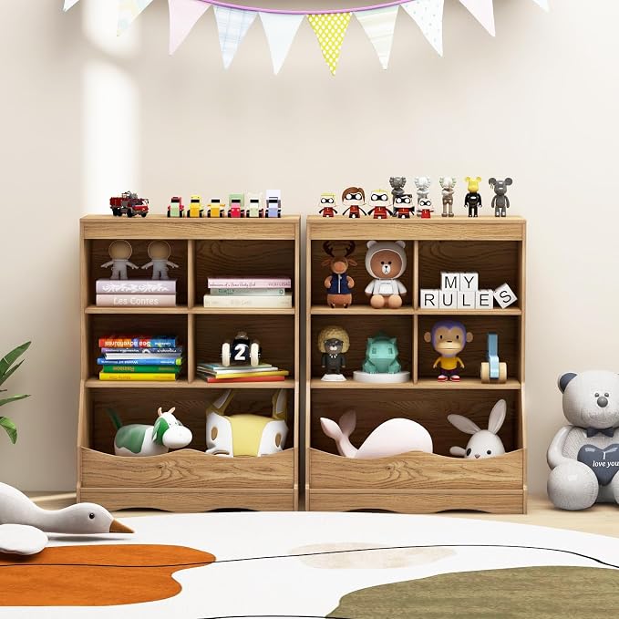 HONEY JOY Kids Toy Storage Organizer with Bookcase, 4-Cubby Organization Storage Cabinet w/Display Shelf, Wooden Toy Storage Unit for Playroom, Nursery Daycare (Natural) - Image 2