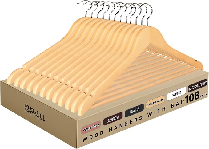 Wooden Clothes Hangers with Pants Bars, Natural Wood, 108-Pack | Heavy Duty Solid Wood Suit & Coat Hangers with Swivel Hook & Shoulder Notches, for Shirts, Jackets, Dresses & Trousers by BP4U%E2%84%A2