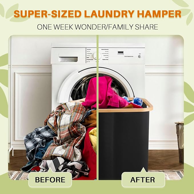 145L Laundry Hamper with Lid, 3 Section Laundry Basket with 3 Removable Bag | Clothes Hampers for Laundry with Bamboo Frame Handle, Large Dirty Clothes Hamper for Laundry Room, Bathroom, Bedroom, Black - Image 4