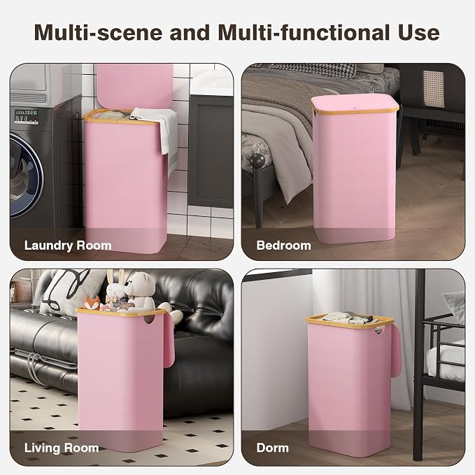 Laundry Hamper with Lid, Laundry Basket with Removable Bag, Pink | 100L Large Dirty Clothes Hamper with Handle, Freestanding Bamboo Laundry Hamper for Bedroom, Bathroom, Laundry Room - Image 7
