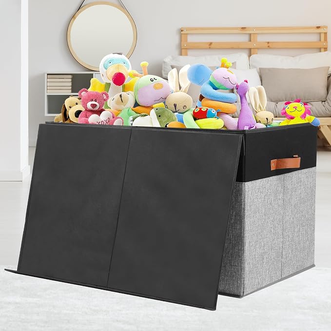 Large Toy Storage Box with Lid, Toy Chest Bin Boxes Basket with Dividers | Sturdy Toy Organizer Bin for Kids, Boys, Girls, Nursery, Living Room, Bedroom, Playroom 25"x13" x16" (Black and Grey) - Image 2