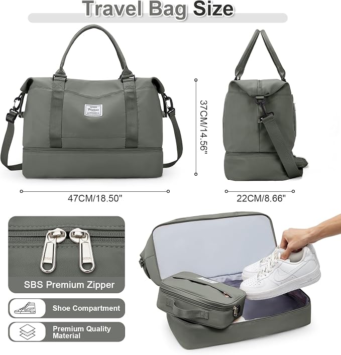 Weekender Bags for Women, Travel Duffel Bags with Shoe Compartment & Wet Pocket,Personal Item Travel Bag for Airlines,Carry on Overnight Tote Bag for women,3Pcs Set，Olive Green - Image 2