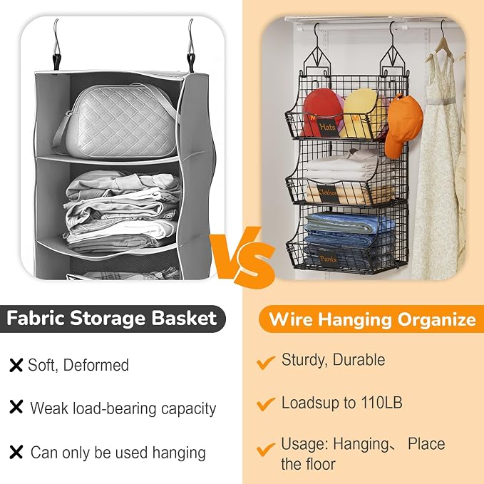 Hanging Closet Organizers and Storage, 6 Tier Closet Shelf Clothes Organizer with 2 S-Hooks, Multi-Functional Iron Wire Baskets, for Clothing, Sweaters, Handbags, Hat, Canned - Image 6